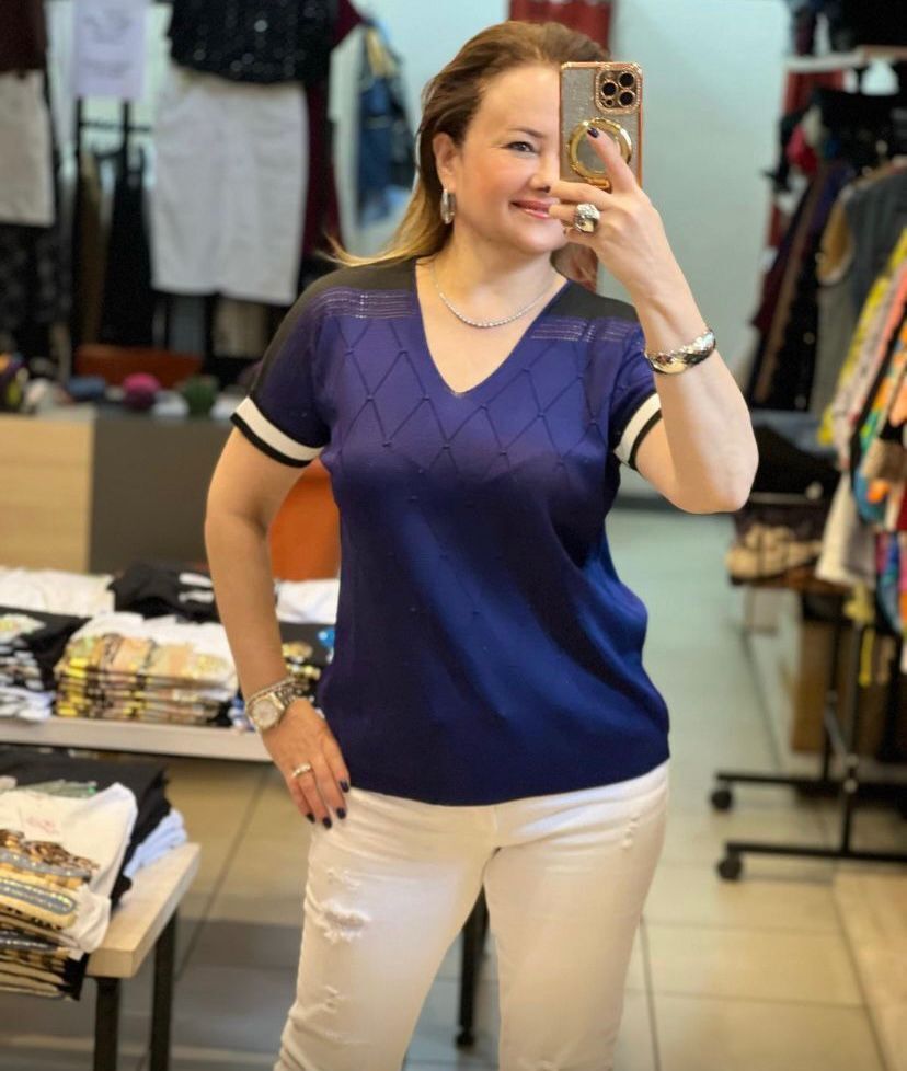 merserize lacivert beyaz serit detaylı bluz